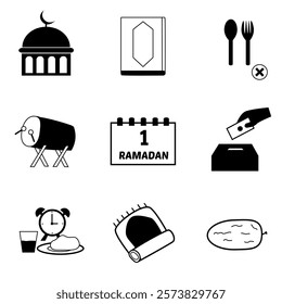 Islamic icons for ramadan theme isolated on white background. Black and white simple icons such as mosque, bedug, sahur time, dates fruit, pray mat, no eating symbol, etc.