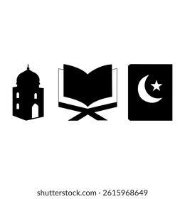  Islamic icons set. Islamic decoration concept. Ramadan Kareem Eid Mubarak vector illustration Muslim man praying. Fanoos Lantern With Islam Logo Vector. Muslim Holy Book Quran vector