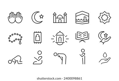 Islamic icons set. islam Ramadan Kareem arabic mosque, quran, carpet line icon, namaz editable stroke isolated on white, linear vector outline illustration, symbol logo design style