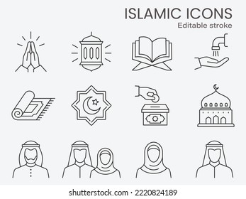 Islamic icons, such as infaq, quran, muslim, ramadan and more. Editable stroke.