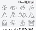 Islamic icons, such as mosque, quran, carpet, ramadan and more. Editable stroke.