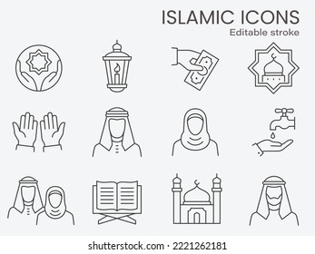 Islamic icons, such as muslim family, quran, ramadan and more. Editable stroke.