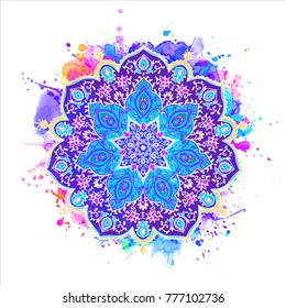 Islamic or Iindian floral pattern decor in. Vector illustration. Card for cafe, restaurant, shop, print. Border. Invitation watercolor card