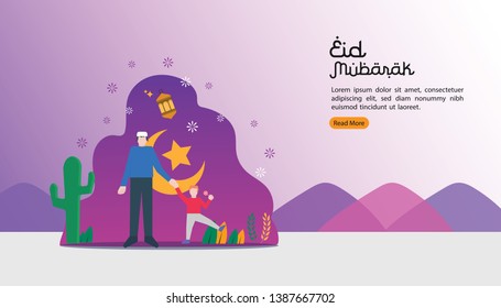 islamic illustration concept for Happy eid mubarak or ramadan. man and son are holding hand. template for web landing page, banner, presentation, social, poster, ad, promotion or print media.