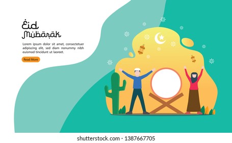 islamic illustration concept for Happy eid mubarak or ramadan. Moeslem celebrates islamic event. template for web landing page, banner, presentation, social, poster, ad, promotion or print media.