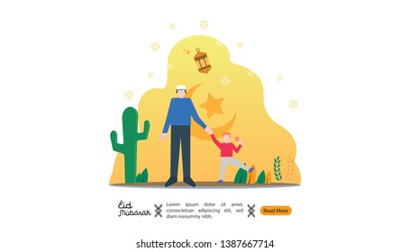 islamic illustration concept for Happy eid mubarak or ramadan. man and son are holding hand. template for web landing page, banner, presentation, social, poster, ad, promotion or print media.