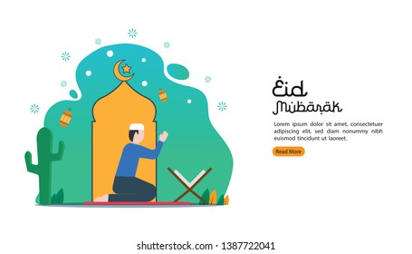 islamic illustration concept for Happy eid mubarak or ramadan with character. man prays solemnly. template for web landing page, banner, presentation, social, poster, ad, promotion or print media.