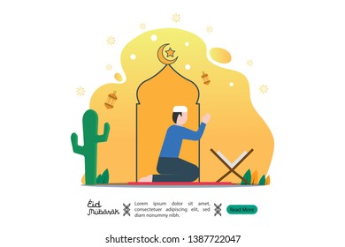 islamic illustration concept for Happy eid mubarak or ramadan with character. man prays solemnly. template for web landing page, banner, presentation, social, poster, ad, promotion or print media.