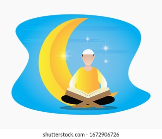 Concepto de diseño de ilustración islámica de la lectura del Corán para el Ramadán, plantillas para páginas web de aterrizaje, banners, presentaciones, sociales, carteles, anuncios, promociones o medios impresos.