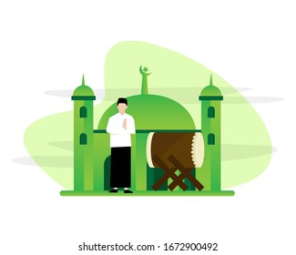 Islamic illustration design for Eid celebration or Ramadan greetings, templates for web landing pages, banners, presentations, social, posters, advertisements, promotions or print media.