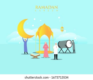 Islamic illustration design for Eid celebration or Ramadan greetings, templates for web landing pages, banners, presentations, social, posters, advertisements, promotions or print media.