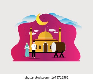 Islamic illustration design for Eid celebration or Ramadan greetings, templates for web landing pages, banners, presentations, social, posters, advertisements, promotions or print media.