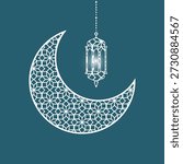 Islamic illustration featuring a ornate crescent moon and hanging lantern with geometric patterns, perfect for Ramadan, Eid, Islamic celebrations, religious backgrounds, greeting designs, banners, posters, and digital decorations. 