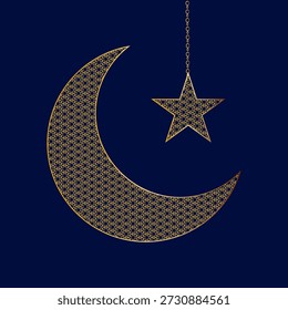 Islamic illustration featuring a ornate crescent moon and hanging lantern with geometric patterns, perfect for Ramadan, Eid, Islamic celebrations, religious backgrounds, greeting designs, banners, posters, and digital decorations. 