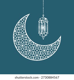 Islamic illustration featuring a ornate crescent moon and hanging lantern with geometric patterns, perfect for Ramadan, Eid, Islamic celebrations, religious backgrounds, greeting designs, banners, posters, and digital decorations. 