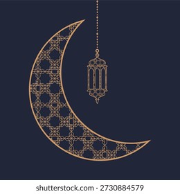 Islamic illustration featuring a ornate crescent moon and hanging lantern with geometric patterns, perfect for Ramadan, Eid, Islamic celebrations, religious backgrounds, greeting designs, banners, posters, and digital decorations. 
