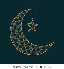 Islamic illustration featuring a ornate crescent moon and hanging lantern with geometric patterns, perfect for Ramadan, Eid, Islamic celebrations, religious backgrounds, greeting designs, banners, posters, and digital decorations. 