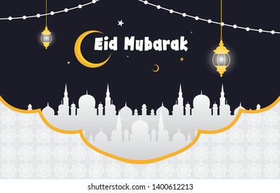 Islamic Illustration of Happy Eid Mubarak with Mosque Lantern Moon Decoration
