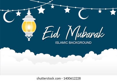 Islamic Illustration of Happy Eid Mubarak Lantern Moon Star Cloud Decoration