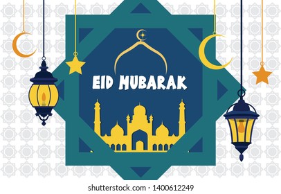 Islamic Illustration of Happy Eid Mubarak with Mosque Lantern Moon Decoration