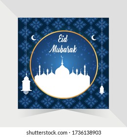 Islamic illustration of happy eid mubarak lantern moon mosque decoration Based on traditional islamic pattern as a background.
