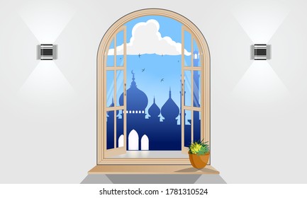 Islamic Illustration, mosque outside the window at midday