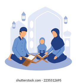 Islamic illustration of Muslim family reading Quran together 