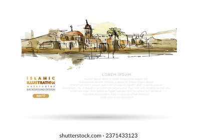 Islamic Illustration Watercolor Background Vector Design With Beautiful Arabian Land, Mosque, Flag And Buildings For Wallpaper, Banner, Decoration, Cover, Media Social, Card, flyer, Brochure etc.