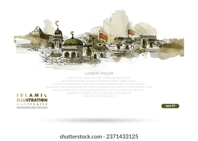 Ilustración Islámica: Diseño De Vectores De Fondo Acuático Con Hermosa Tierra Árabe, Mezquita, Bandera Y Edificios Para Papel De Fondo, Cartel, Decoración, Cubierta, Medios Sociales, Tarjeta, Volante, Folleto, etc.