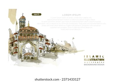 Islamische Illustration Aquarell Hintergrund Vectordesign mit schönem arabischen Land, Moschee, Flagge und Gebäude für Tapete, Banner, Dekoration, Cover, Media Social, Card, Flyer, Broschüre etc.