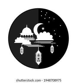 Islamic illustrations with circles, mosques and moon stars in the night atmosphere, suitable for the month of Ramadan and Eid celebrations