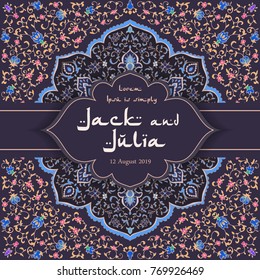 Islamic or indian floral pattern decor in. Vector illustration. Card for cafe, restaurant, shop, print. Border. Invitation card