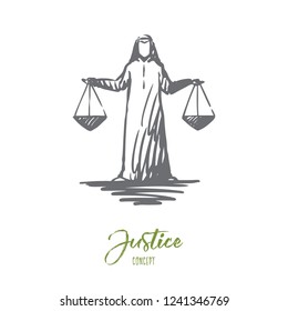 Islamic Justice balance weighing concept. Hand drawn Arab judge with Libra in his hands concept sketch. Isolated vector illustration.
