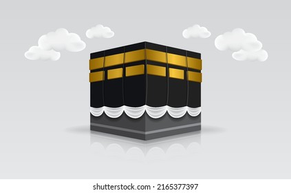 Islamic kaaba with 3d white clouds on glossy floor