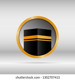 Islamic KAABA logo icon symbol in shiny golden color button style.