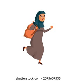 islamic lady with rucksack late on train cartoon vector. islamic lady with rucksack late on train character. isolated flat cartoon illustration