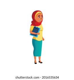 islamic lady teacher talking with principal at school cartoon vector. islamic lady teacher talking with principal at school character. isolated flat cartoon illustration