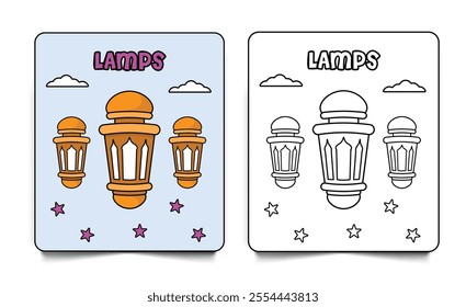 Islamic lamp lanterns coloring page card line art and illustration for kids isolated on white background