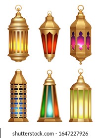 Islamic lamps. Ramadan lanterns arabic vintage golden lighting lamps vector realistic pictures