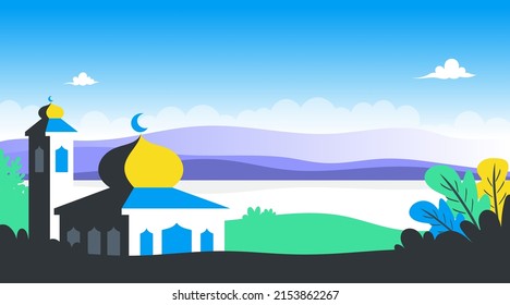 Islamic landscape background, Ramadan mosque landscape with flat design