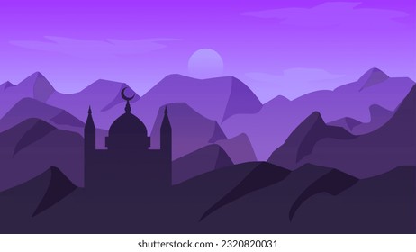Ilustración vectorial del paisaje islámico. Paisaje de mezquitas con montaña y cielo brillante. Antecedentes de la religión islámica y la fe musulmana. Fondo de escritorio de montaña de diseño con silueta de mezquita