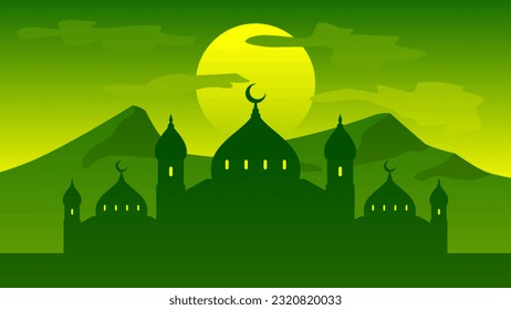 Islamic landscape vector illustration. Mosque landscape with mountain hill and shiny sky. Background landscape for islam religion and muslim faith. Wallpaper of design mountain with mosque silhouette
