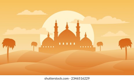 Islamische Landschaft, Vektorgrafik. Moschee Silhouette in der Wüste mit Palmen. Hintergrundlandschaft für Islamreligion und muslimischen Glauben. Tapete-Design der Wüste mit Moschee und Sonne