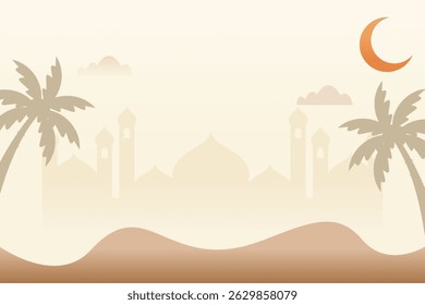 Islamic landscape vector illustration. Mosque landscape with mountain hill and shiny sky.