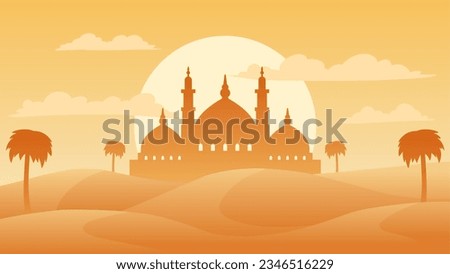Islamic landscape vector illustration. Mosque silhouette in the desert with palm tree. Background landscape for islam religion and muslim faith. Wallpaper design of desert with mosque and sun