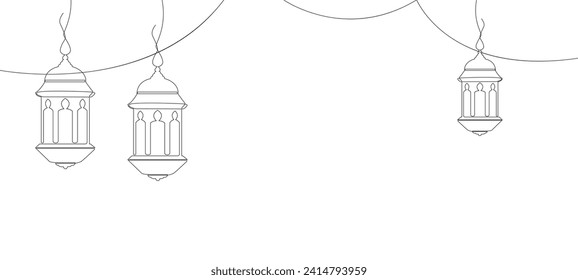 islamic lantern background drawing one continuous line. Happy Eid Mubarak, Eid Fitr, Ramadan Kareem. Muslim religion holiday celebration free hand drawn outline line art minimalism style.