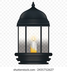 Islamic lantern with candle isolated,Black vintage luminous lantern Arabic shining lamps.vector 3D  lamp with transparent background,Element design for Ramadan Kareem,Eid Mubarak,Eid al fitr,Eid adha