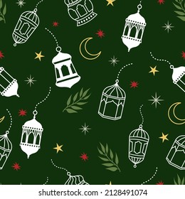 Islamic lantern cartoon doodle seamless pattern. Flat vector cartoon design