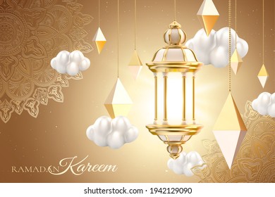 Islamic lantern and cloud set on floral pattern background. 3d Muslim holiday card template suitable for Ramadan, Eid al-Fitr or Hari Raya.