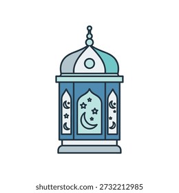 Islamic lantern with crescent moon and stars illustration on white background ramadan kareem decoration blue and green dome shaped lantern
